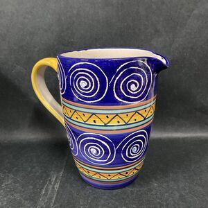 Pier 1 Italian Swirl Ceramic Juice Water‎ Pitcher 7.5” Blue Yellow Hand Painted